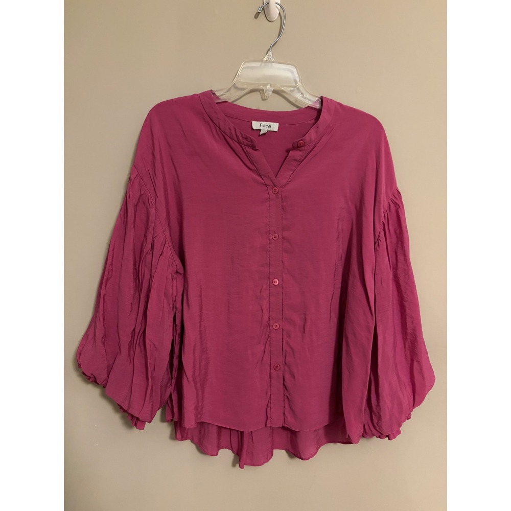 Fate Blouse Women Large Magenta Solid Lantern Sleeve Button Front Boho Chic